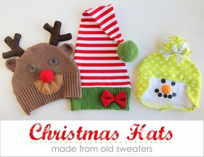 Snowman/Reindeer/Elf Christmas Hats…..made from old sweaters